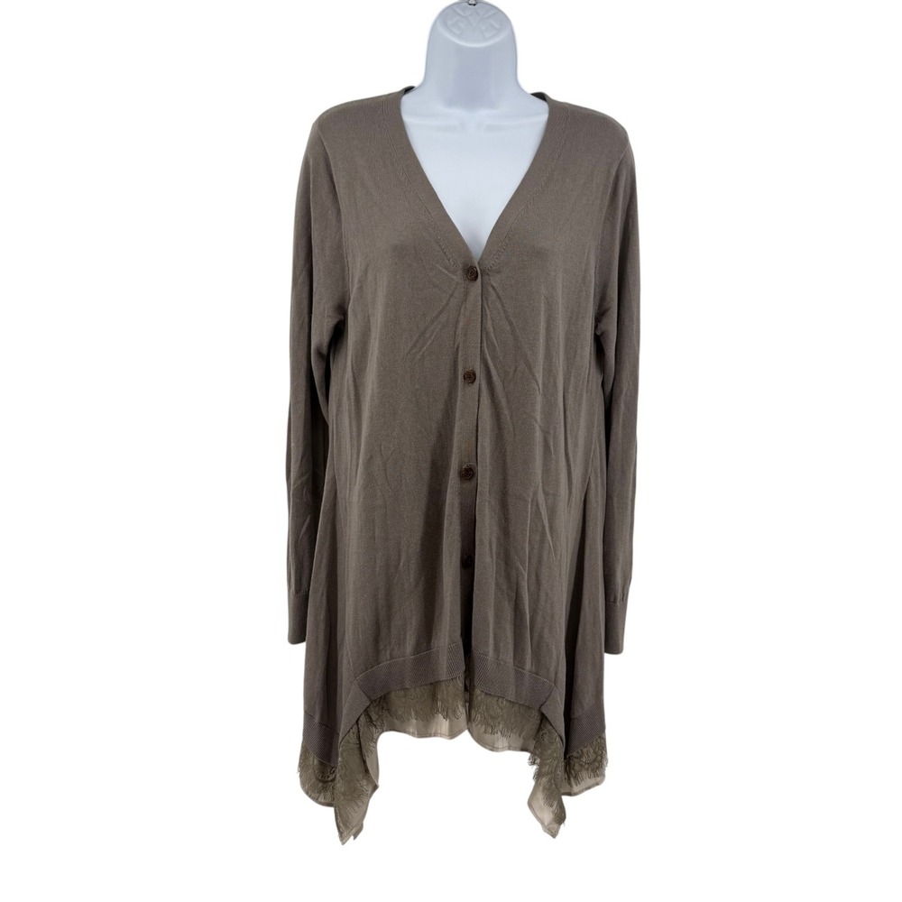 LOGO by Lori Goldstein Cotton Cashmere Lace Hem Cardigan M Taupe Lagenlook